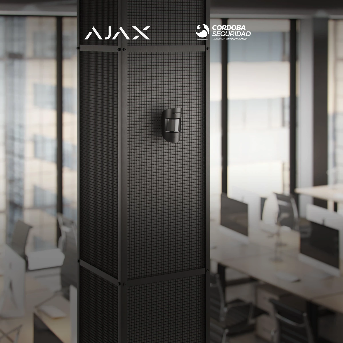 Detector de movimiento Ajax instalado en una columna de oficina