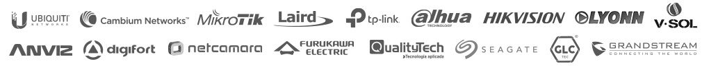 Ubiquiti, Cambium, MikroTik, Laird, TP-Link, Dahua, Hikvision, Lyonn, V-Sol, Anviz, Digifort, Netcamara, Furukawa, QualityTech, Seagate, GLC, Grandstream
